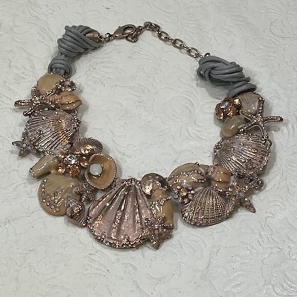 Beach Rose Gold Tone Ocean Shells Starfish Rhinestones Necklace Choker 18" - Picture 4 of 15